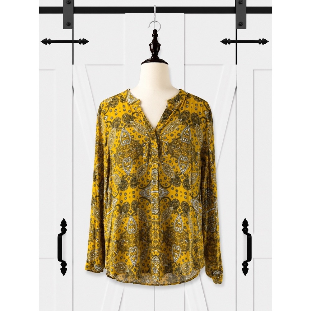 Talbots Blouse Popover Top Yellow Paisley Split Neck Long Sleeve Size Small‎